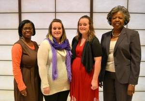 Wayne Community College Continuing Education Service Division Associate Vice President Renita Dawson (far left) and State Employees’ Credit Union (SECU) Continuing Education Scholarship Program Administrator Maxine Cooper (far right) congratulate sisters Katelyn Deaver and Kandice Deaver (center, left and right) on the students’ selection as the first recipients of the SECU scholarships designed to help meet the needs of North Carolina’s unemployed and underemployed residents.