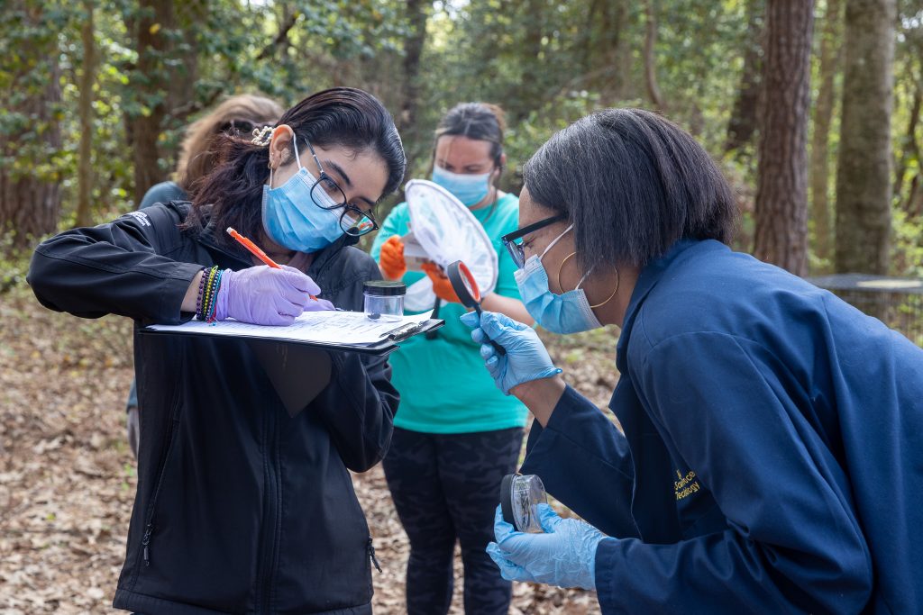An individual wearing a face covering and gloves writes on a clipboard while another holds a magnifying glass.