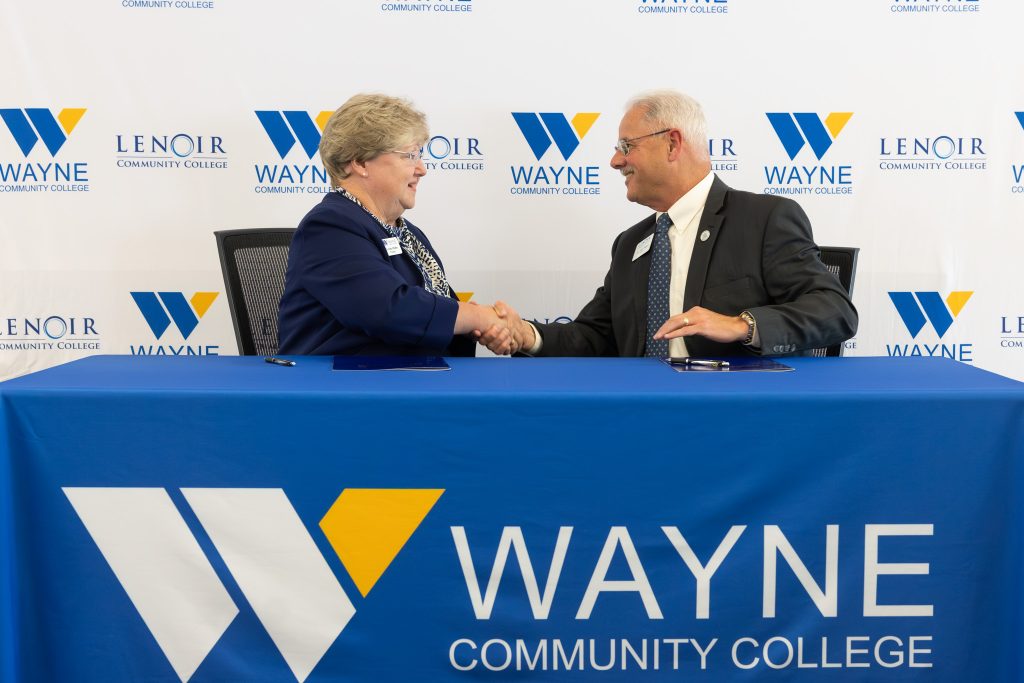 A man and woman shake hands while sitting behind a table.