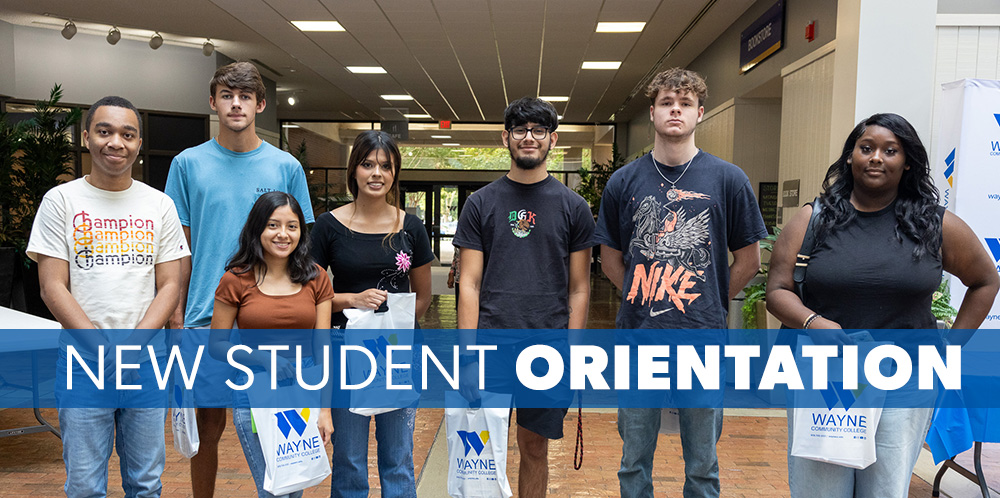 A group of WCC students looking at the camera. The words New Student Orientation are displayed.