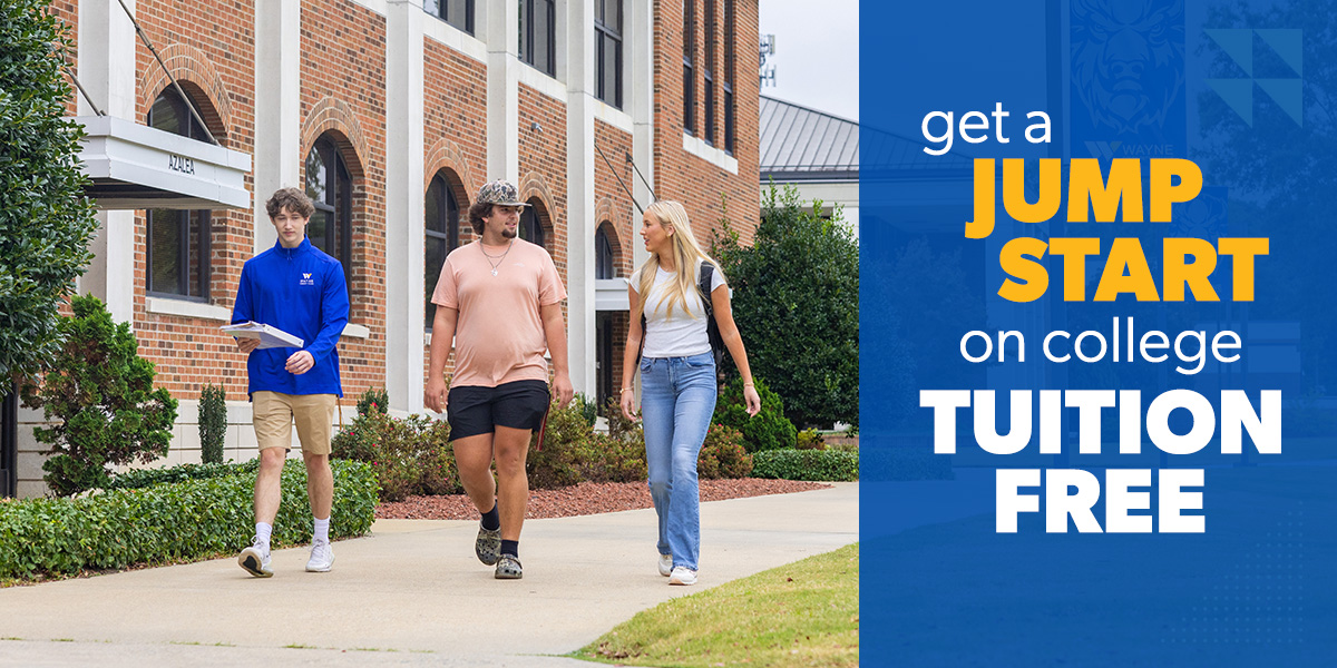 Photo of students walking on campus. Text reads get a jump start on college tuition free.